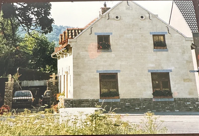 Het huis na de verbouwing: de puntgevel in blanke mergel met grijze raamlijsten en bloembakken